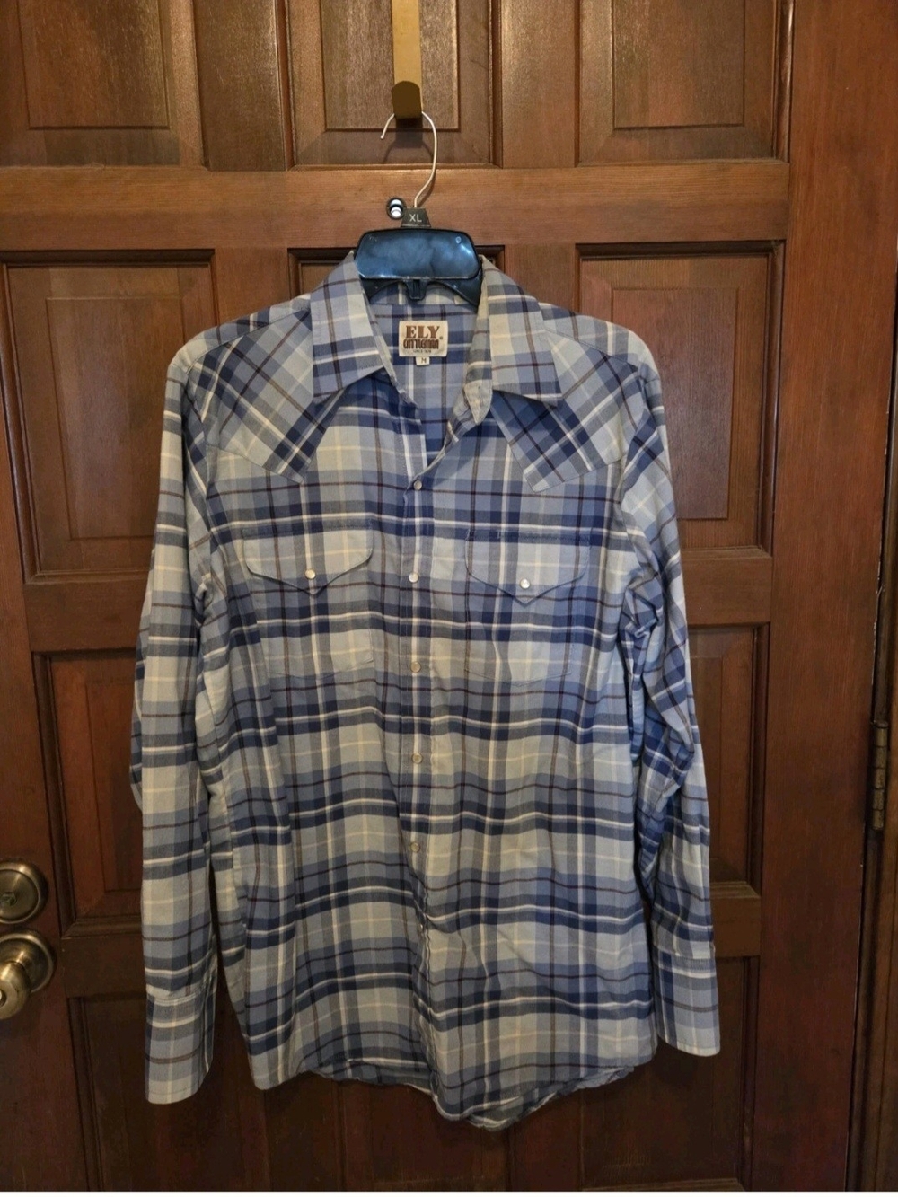 Ely Cattleman Blue and White Plaid Long-Sleeve Western Shirt